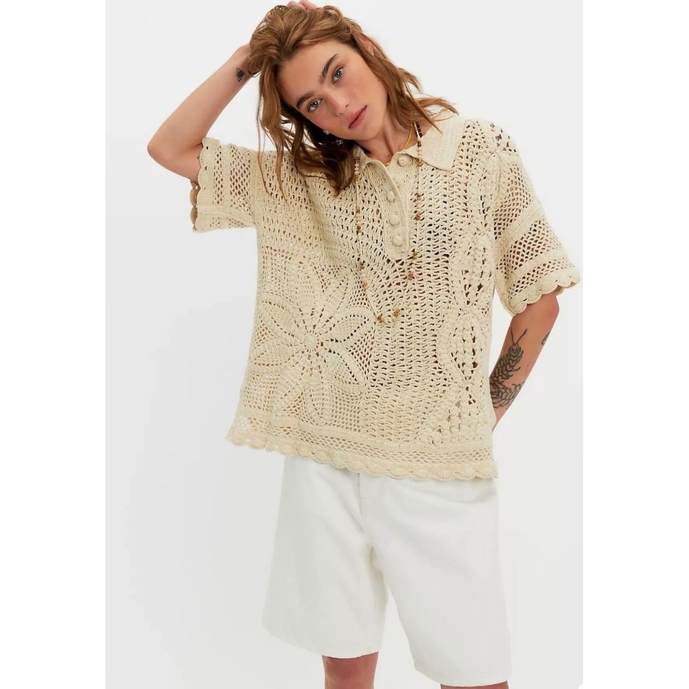 We The Free People Dahlia Crochet Polo Cream New NWT